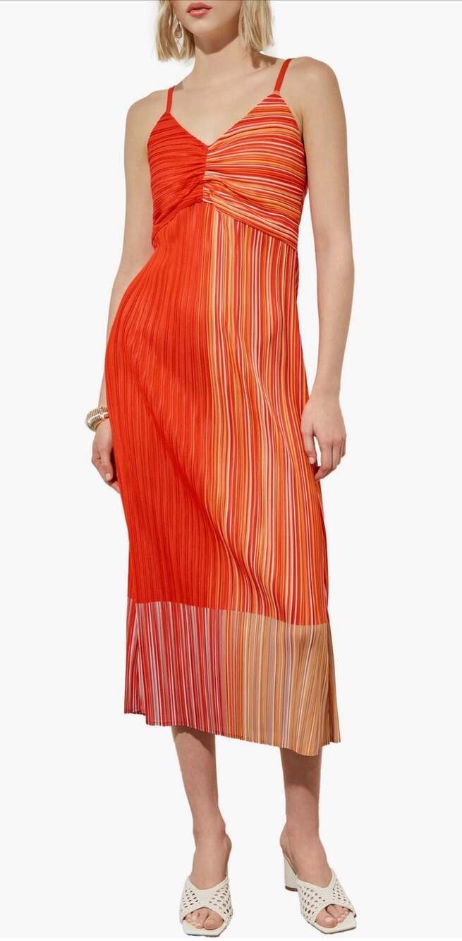 Ming Wang Midi Dress Orange Pleated Slip Dress V neck Spaghetti Strap size XS